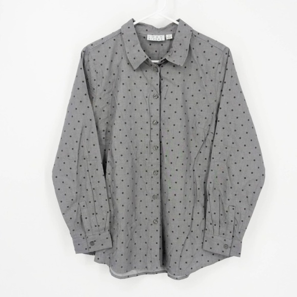 Joan Rivers Polka Dot Flocking Button Front Chambray Shirt Granite Womens Size S